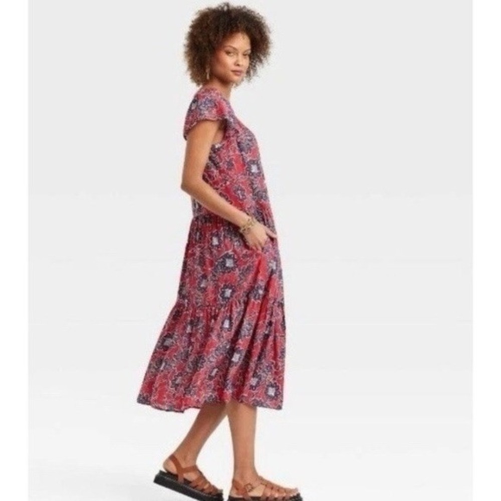 Knox Rose‎ Floral Tiered Midi Dress Womens XXL Red Blue Flutter Sleeve Pockets